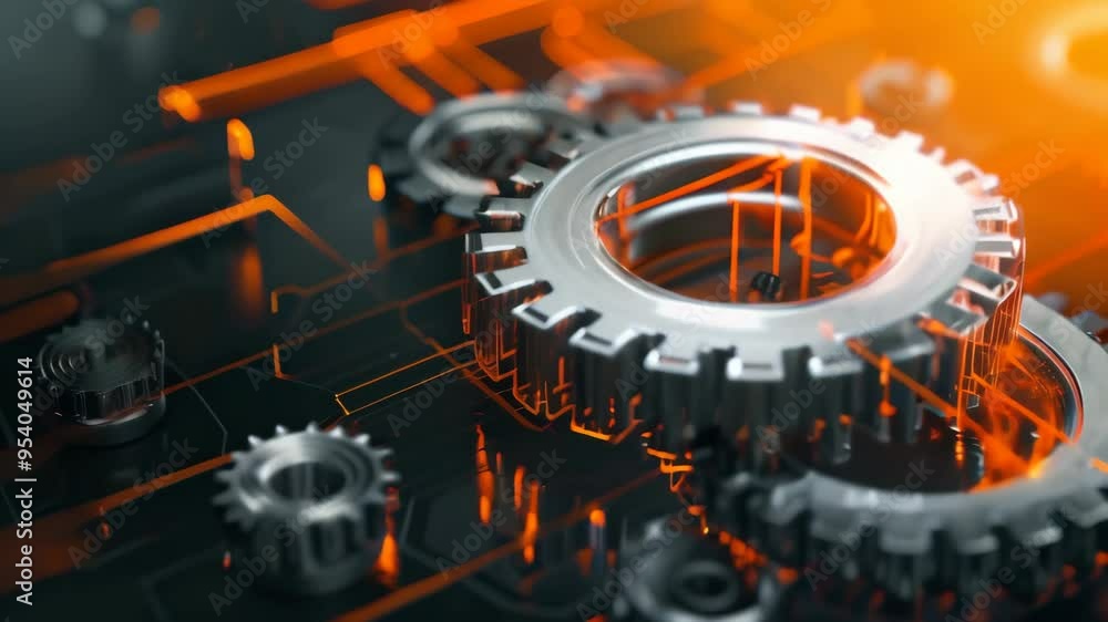 Aufkleber close-up of metal gears on a circuit board with orange digital lines, illustrating mechanical and di