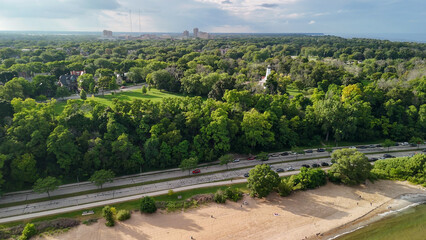 Aerial view of Bradford Beach in Milwaukee at sunset, Wisconsin