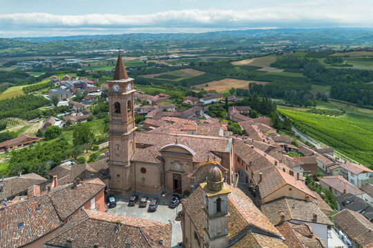 Aerial view of Govone, a scenic town sorrounded by vineyards in Langhe area, Piedmont, Italy