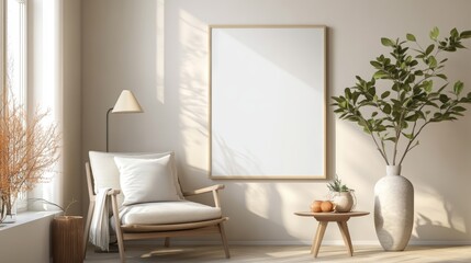 Fototapeta premium Cozy Living Room with mockup frame, Armchair, and Elegant Decor