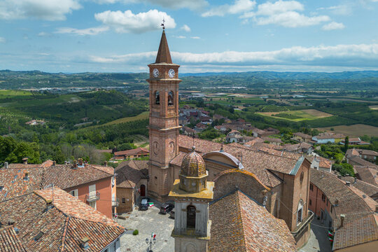 Aerial view of Govone, a scenic town sorrounded by vineyards in Langhe area, Piedmont, Italy