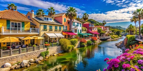 Obraz premium Colorful beachside village with Mediterranean-inspired buildings, shops, and eateries lining a picturesque creek,
