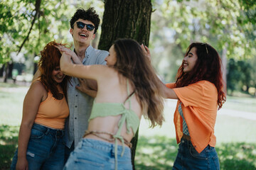 A group of friends laughing, playing, and messing each other's hair in a park. Fun and carefree...