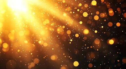 A golden light shines on the black background, with blurred rays of lights and particles floating in all directions.