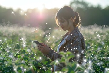 An image of a farmer using a digital app on their cellphone to monitor and manage various aspects of their smart farming operations on a modern agricultural farm.