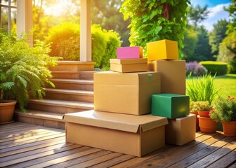 Colorful cardboard boxes and envelopes of various sizes sit stacked and scattered on a porch step, surrounded by
