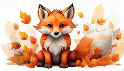 Fototapeta premium illustration of an autumn fox on a white background in a children's style, perfect for use in children's books, nursery decor, greeting cards, seasonal designs, educational materials