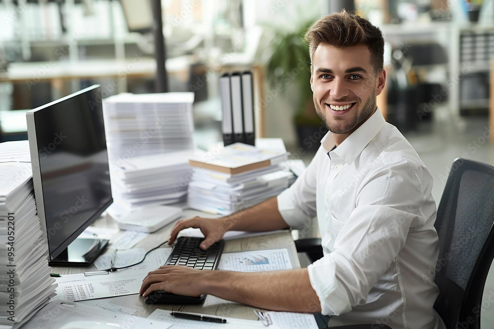 Poster smiling accountant sitting at a desk surrounded by invoices and bills, working on a computer using e