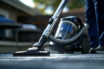 close-up shot of a janitor using a vacuum cleaner to clean a dirty carpet in a home, showcasing the professional carpet cleaning service provided.