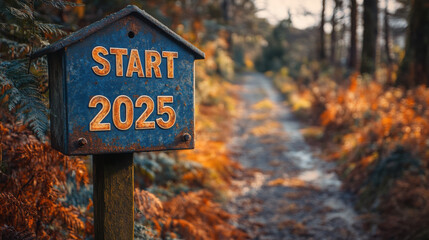 On the side of a broken forest road, a beautiful old-fashioned letterbox reads "START 2025" in large letters. nature, side view.