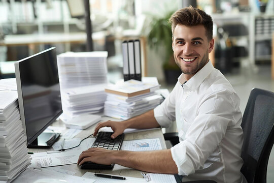 smiling accountant sitting at a desk surrounded by invoices and bills, working on a computer using e-invoice budget software.