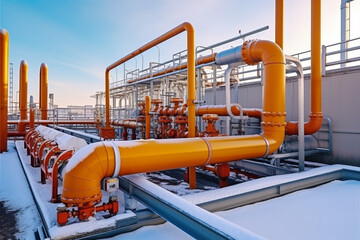 Oil and gas processing plant with pipe line valves. Pipelines in a gas compression station