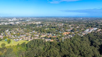 Drone aerial photograph of houses and the general area of the suburb of North Rocks in the greater Sydney region of New South Wales in Australia.