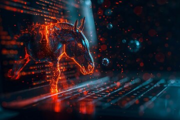 dramatic photo of a Trojan horse emerging from a laptop screen, symbolizing the threat of cyber crime and viruses in our technology-driven world.