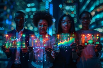 group of diverse professionals holding data charts and graphs, symbolizing different market segments and customer demographics.