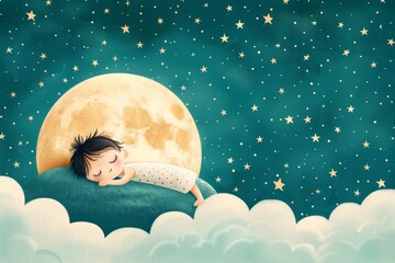 A young child sleeps soundly on a cloud, bathed in the gentle glow of the moon and surrounded by twinkling stars.