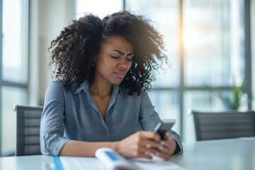 African American woman looking distressed while checking her poor credit score online on her smartphone in an office setting.