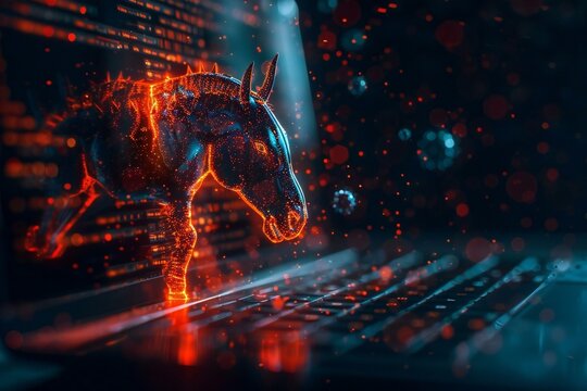 dramatic photo of a Trojan horse emerging from a laptop screen, symbolizing the threat of cyber crime and viruses in our technology-driven world.