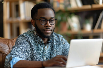 African American man participating in a hybrid work meeting via online group videoconference on his laptop from home.