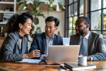 American Businessman, Asian Businesswoman, and African American Businessman Participating in Virtual Meeting on Laptop From Home