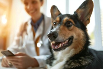 dog owner having a web video conference call with a veterinarian on their smartphone for online pet care consultation.