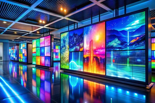 Colorful digital screens and sleek modern displays showcase vibrant graphics and data visualizations in a futuristic