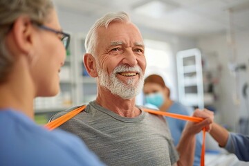 Elderly man using resistance bands for shoulder rehabilitation with physiotherapist guidance.
