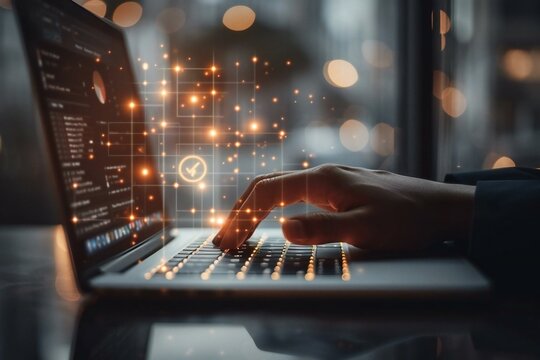 close-up shot of a businessperson's hand using a laptop with a paragraph symbol on the desk, representing online legal research and financial matters.