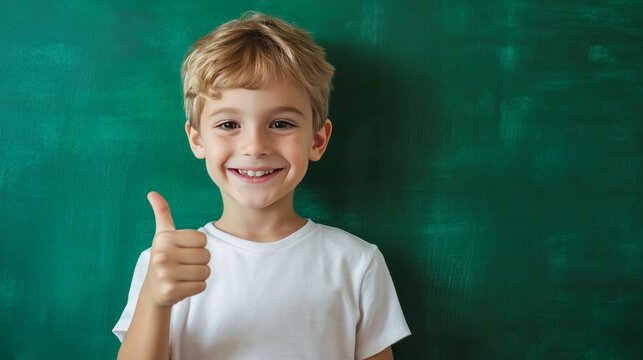 Boy's happy thumbs up on green background. - Powered by Adobe