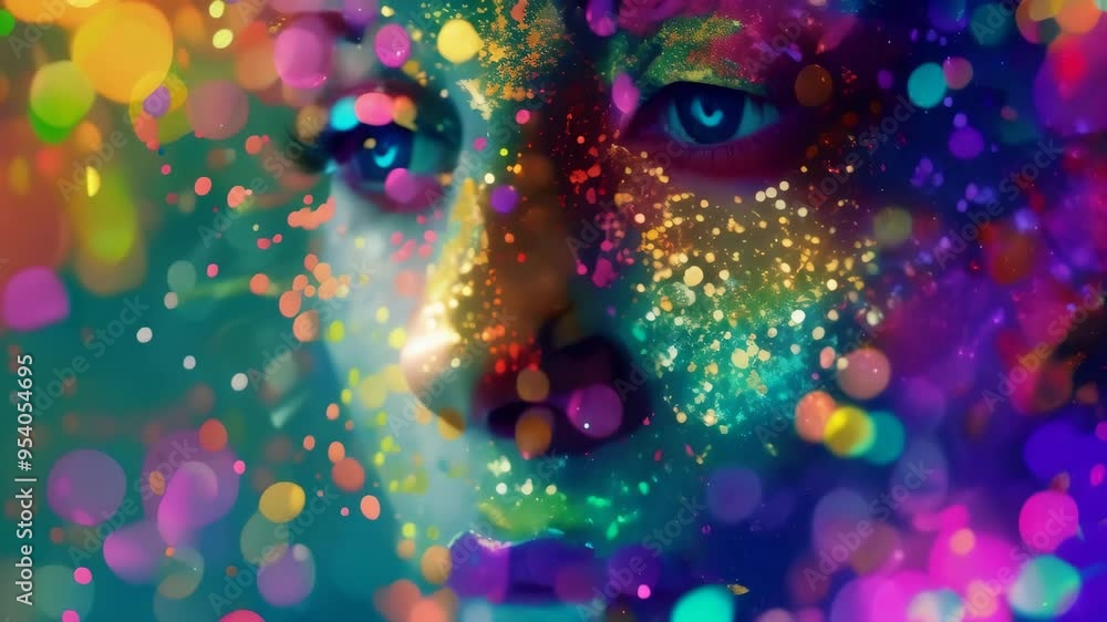 Poster artistic portrait of a human face with vivid digital effects, symbolizing interaction between humans