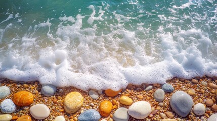 Pebbly beach with stones.