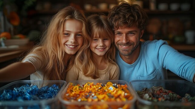 Father and Daughters Smiling Together While Sorting Recyclable Materials at Home, Promoting Environmental Awareness and Family Bonding