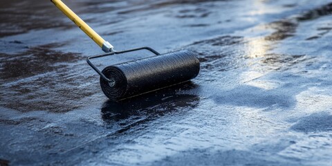 Black roller brush in action applying waterproof coating on rooftop, copy space - roofing, construction, protective coatings