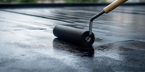 Black roller brush in action applying waterproof coating on rooftop, copy space - roofing, construction, protective coatings