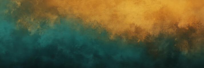 Fototapeta premium Abstract background with a gradient of teal and gold, textured with clouds and smoke.