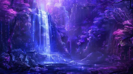 Fototapeta premium A magical waterfall cascades down a rocky cliff face in a purple and blue forest.
