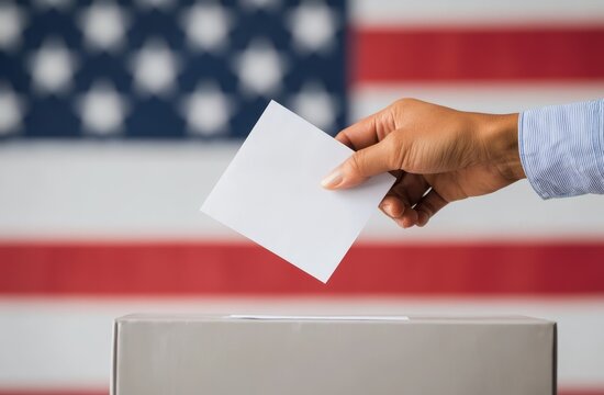 A person places a blank ballot into a ballot box with a large American flag displayed in the background, highlighting the voting process.