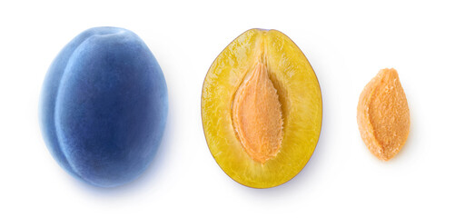 Pieces of blue plum isolated on white background