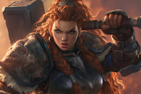 powerful dwarven female warrior with fiery red hair, gripping a war hammer tightly, standing tall against a background of epic fantasy warfare