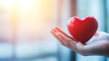 A hand gently holds a red heart against a soft, blurry background, symbolizing love, care, and compassion.