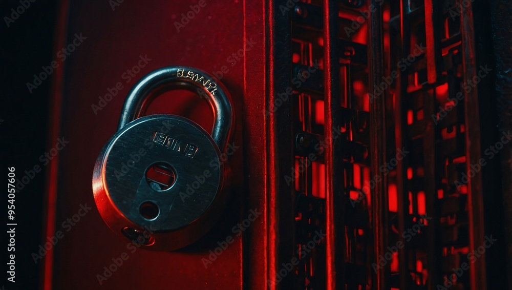Poster close-up of a lock on a digital background illuminated by red lights.