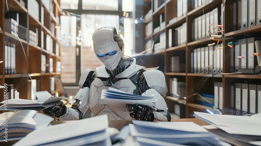 Poster futuristic robot working in an office with a stack of papers in front of it, surrounded by filing ca