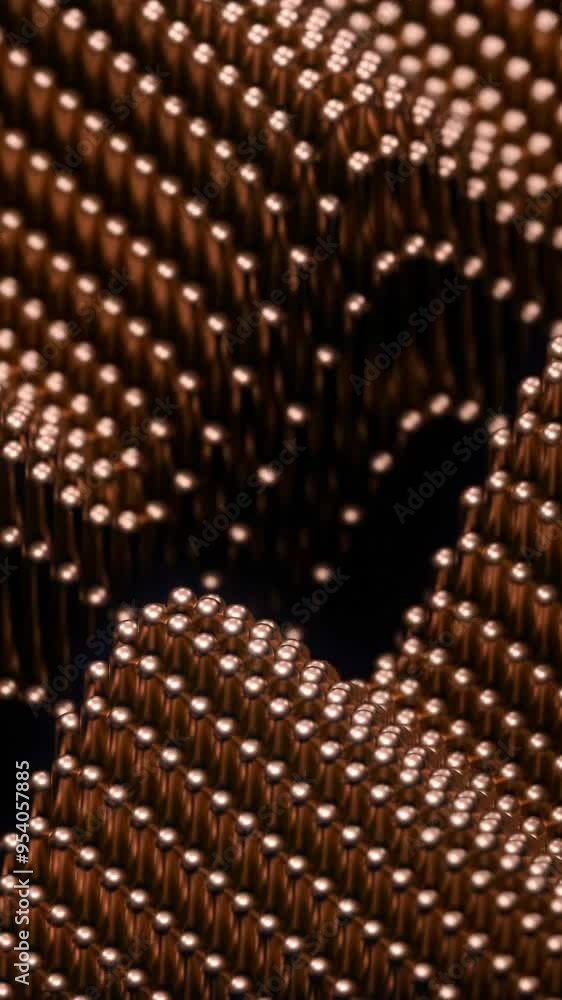 Poster 3d dots move with wave structure. design. 3d space with moving metal dots and colored waves. colored
