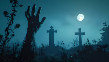 zombie hand rising out of a graveyard in spooky night
