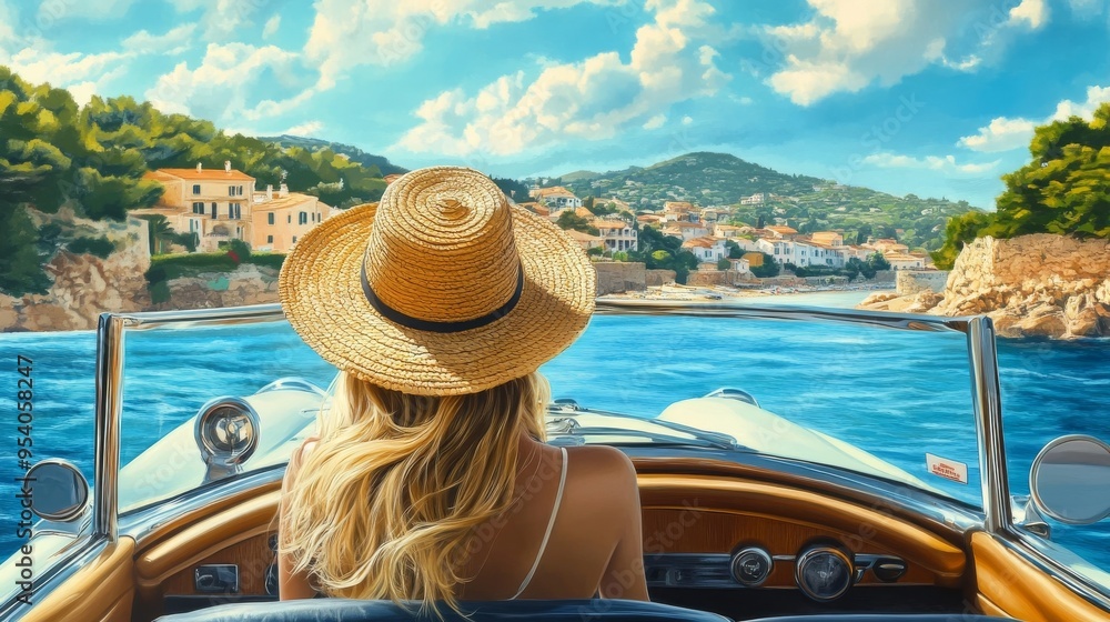 Poster blonde in straw hat drives convertible with sea and houses behind