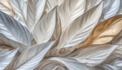 A detailed close-up of abstract white and gold feathers, creating a luxurious and intricate pattern.
