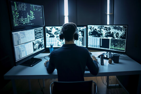 Programmer working on computers with multiple monitors, back view