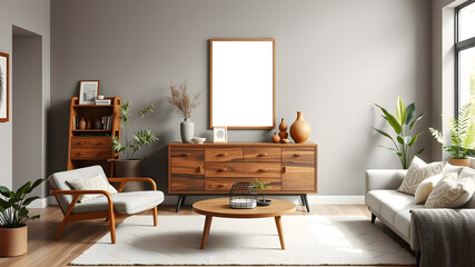 Neutral living room design with retro commode mockup poster and Japandi decor. Generative AI