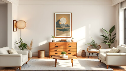 Neutral living room design with retro commode mockup poster and Japandi decor. Generative AI