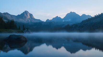 A mountain lake at dawn with mist rising from the water and peaks in the background.